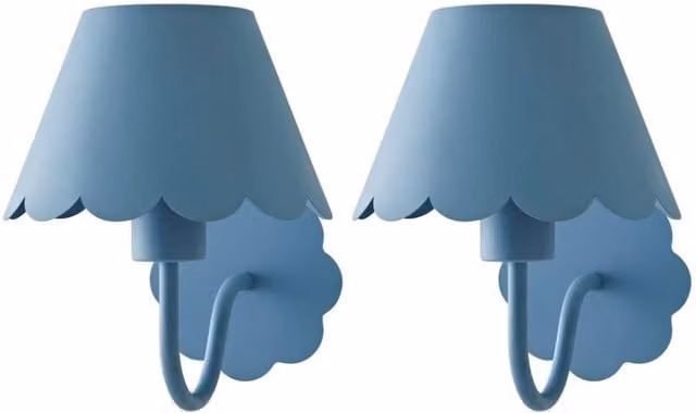 ValueLights Hattie Pair of Rechargeable Metal Scalloped Edge Wall Lights in Mid Blue