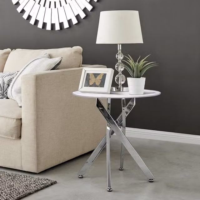 FurnitureboxUK Novara Round Marble Effect Glass Top Side Table with Silver Metal Starburst Legs in White