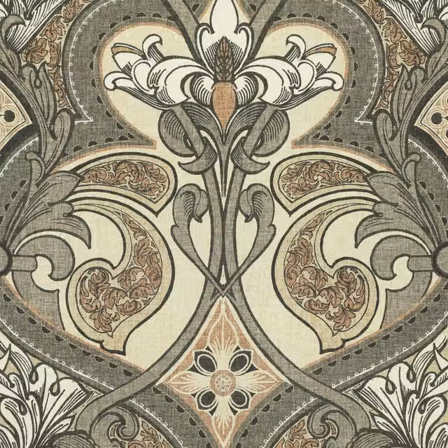 House Llewelyn-Bowen Gwendoline Printed Damask Floral Cotton Fabric in Ashrose, Beige, Brown and Multicolour