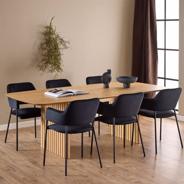 Furniture To Go Christo Oak Dining Table with 6 Black Lima Armrest Dining Chairs, W: 220 cm, D: 105 cm – 1