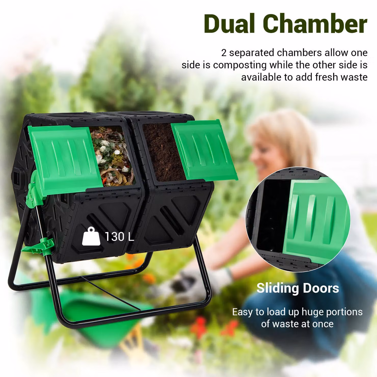 Costway Dual Chamber Garden Compost Bin with Sliding Doors, 130L, Black – 4
