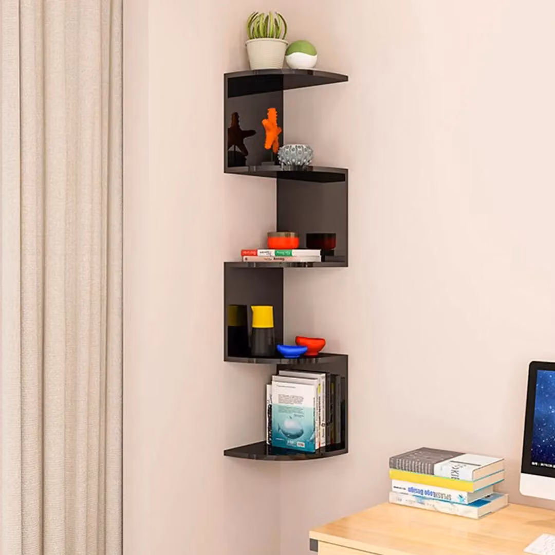 SPETLEK 5 Tier Black Wooden Floating Corner Wall Mounted Shelves – 4