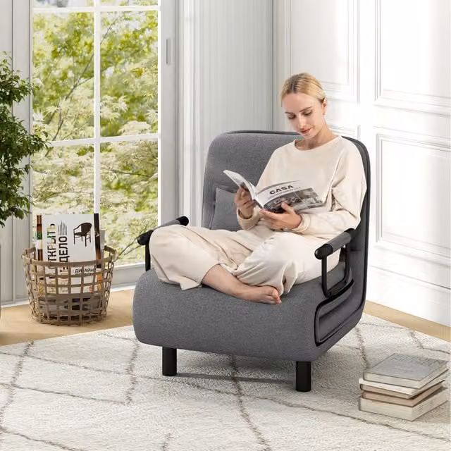 Costway 3-in-1 Convertible Sofa Bed in Grey Fabric with Foam Upholstery and Armrests
