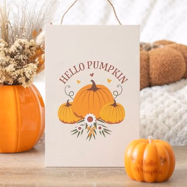 Uniqueful Autumn Days Hello Pumpkin Multicolour Wooden Hanging Sign