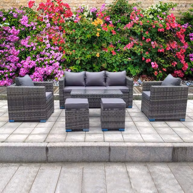 UK Leisure World Madrid 8 Seater Coffee Table Set in Grey with Rattan and Glass Details