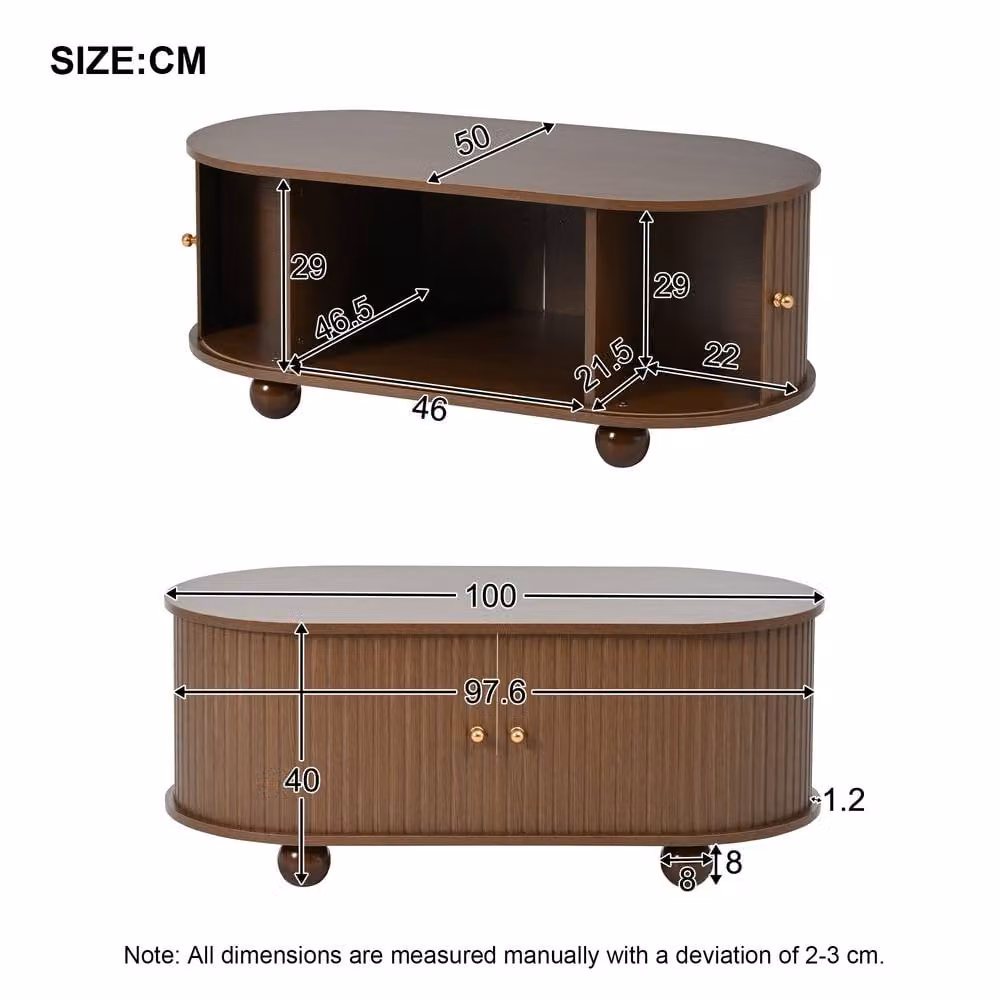 STILVORA Oval Coffee Table with 2 Sliding Doors, Brown Oak – 4
