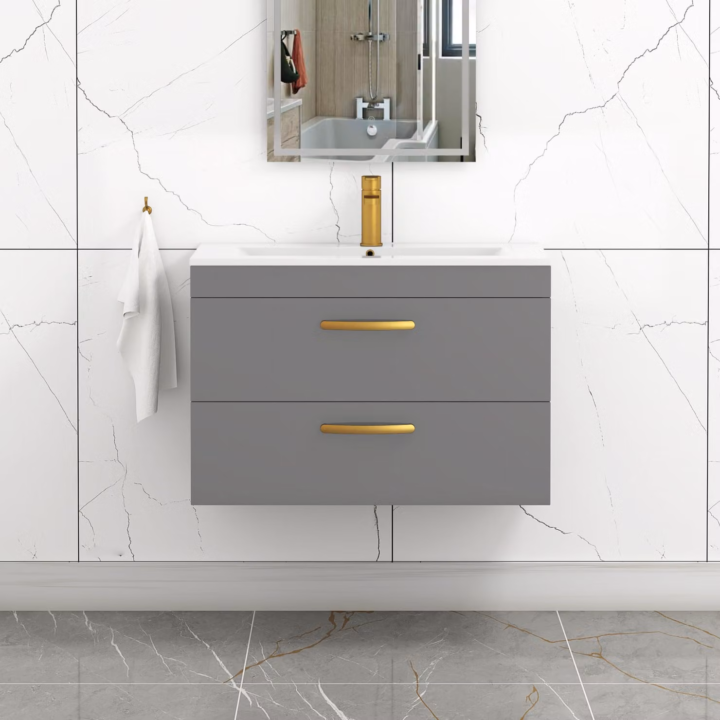 Royal Bathrooms Turin 800mm Wall Hung Vanity Unit in Indigo Grey Gloss with 2 Drawers and Brushed Brass Handle