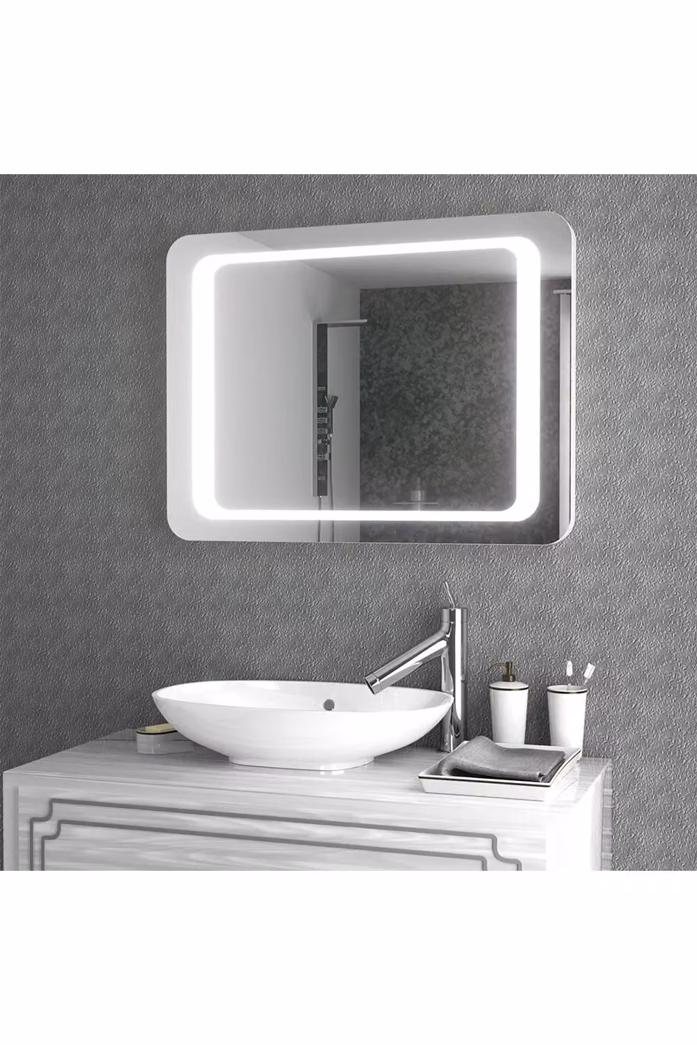 Living and Home Rectangular LED Wall Mounted Anti-Fog Illuminated Bathroom Mirror with Touch Switch in Silver – 4