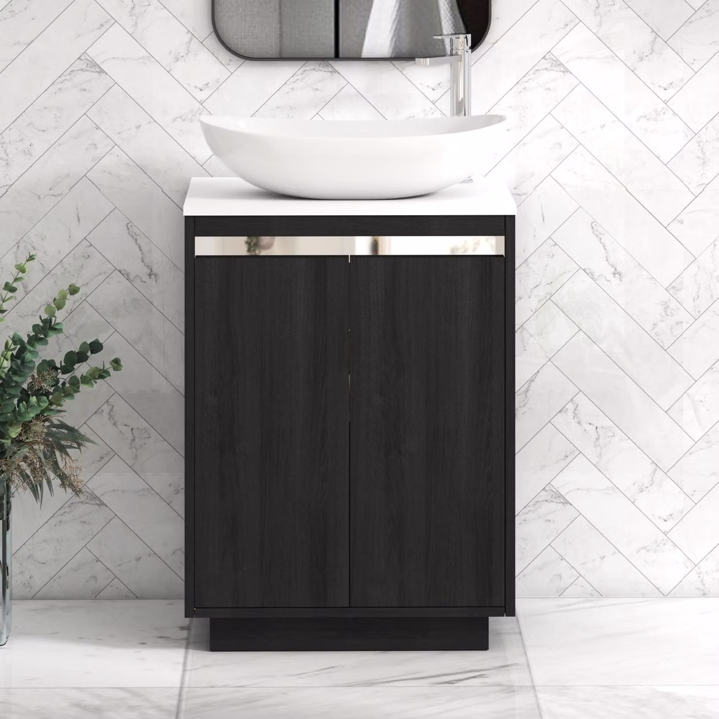 Royal Bathrooms Orion 600mm Hale Floor Standing Vanity Unit in Black and White with Cesar Basin and Chrome Accent Trim