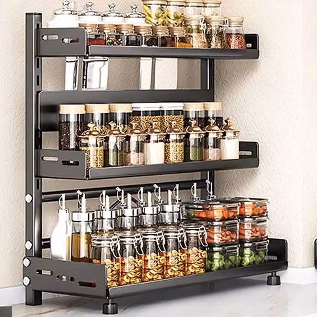 KORVIXA 3 Tier Metal Spice Rack in Black, W: 50 cm, D: 15 cm