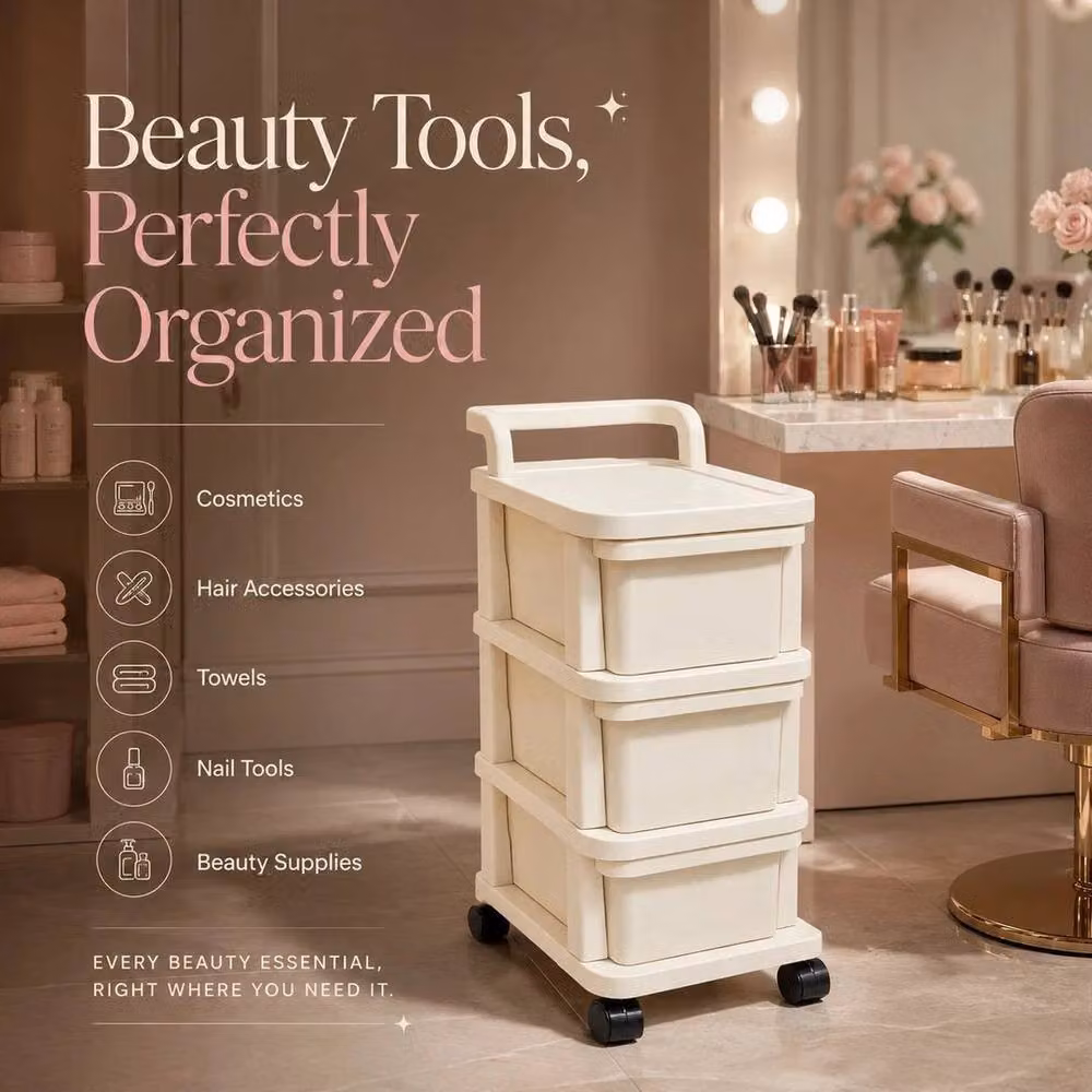 FORGEVIO 3-Tier Plastic Storage Trolley with Castors in Off-White – 2