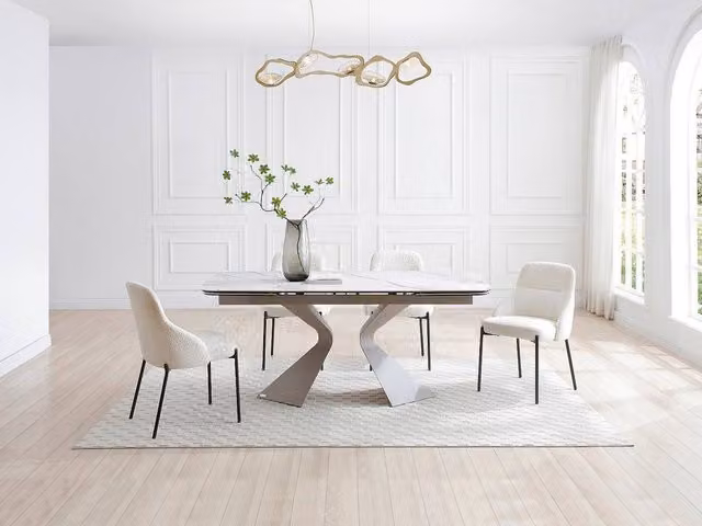Vente-unique Extendable Rectangular Dining Table with Ceramic and Glass Top in Taupe and White, Seats 6 to 10 People