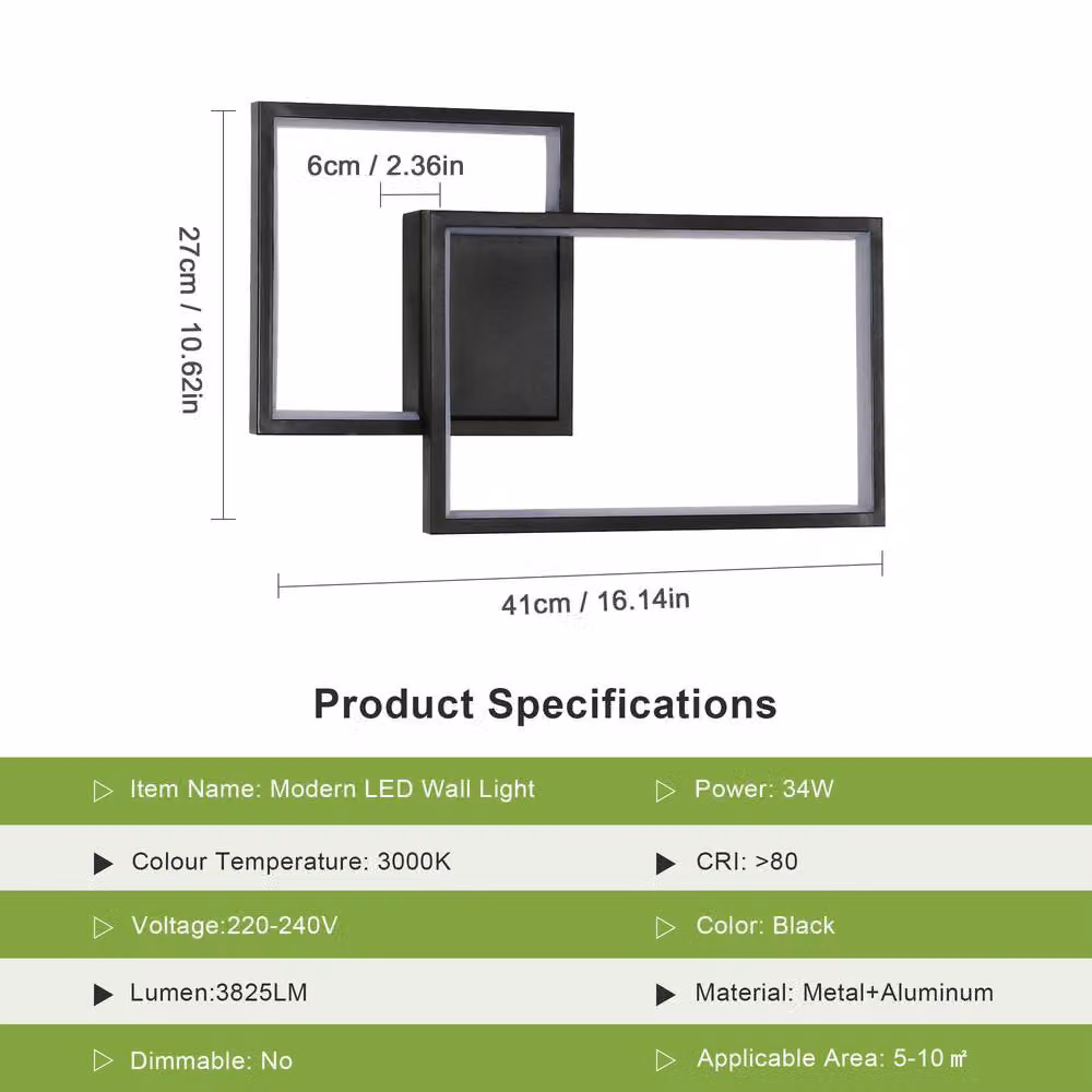 Pheashine Black Modern Aluminium LED Wall Light, 34W, 6500K Cool White, Up and Down Square Fixture – 2