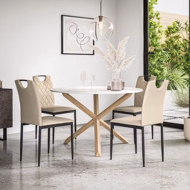 More4Homes Malvern Round Marble Effect Dining Table Set with 4 Monza Chairs in Beige and Oak