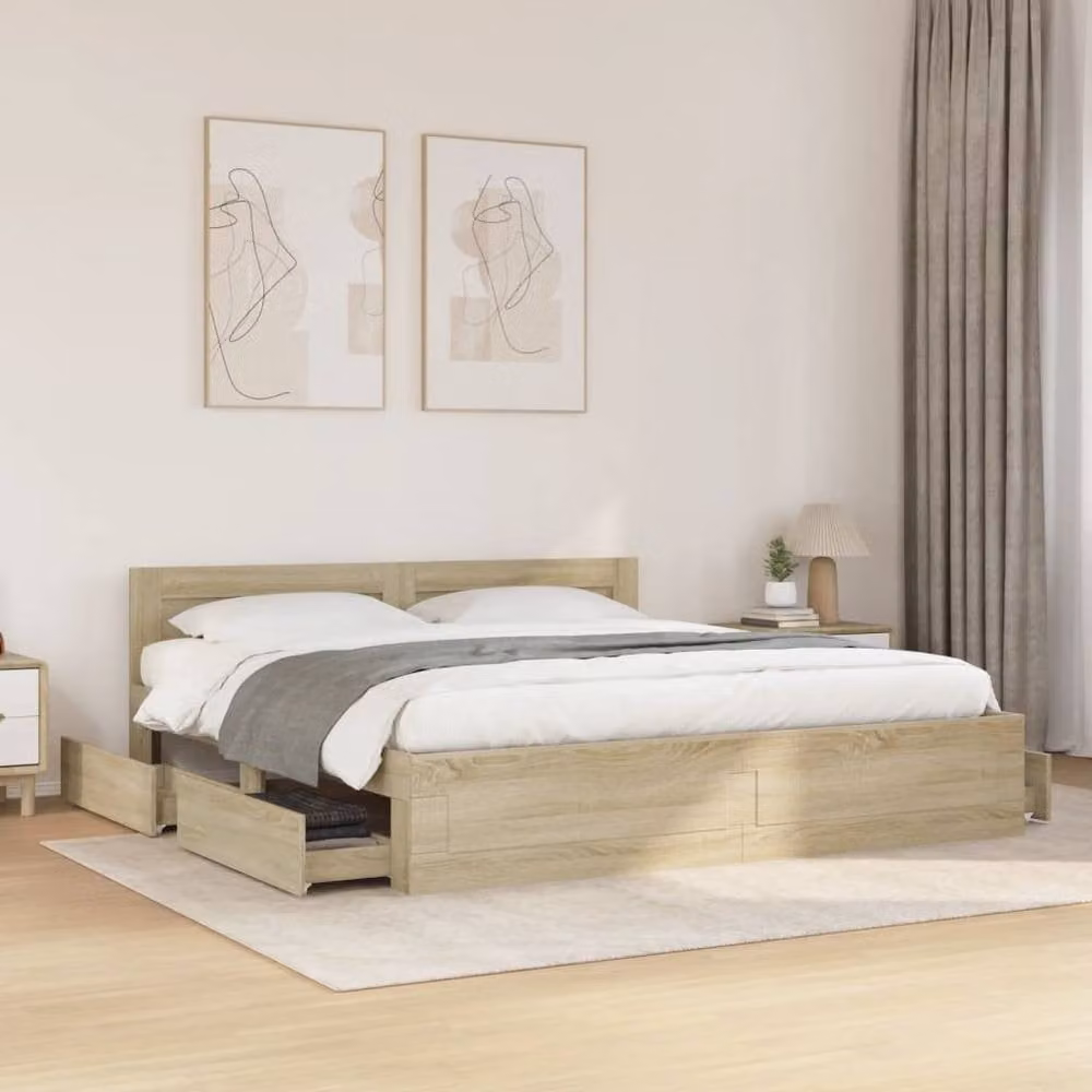 Berkfield Home Bed Frame with Headboard and Drawers in Sonoma Light Oak, 200 x 200 cm – 1