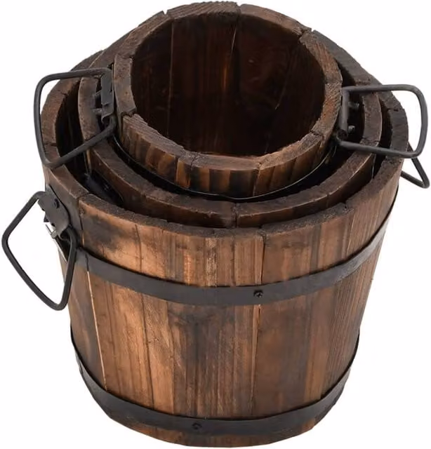 Berkfield Home Beautiful 3 Piece Wooden Bucket Planter Set in Brown Solid Wood and Metal