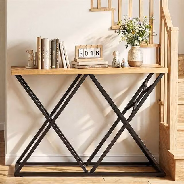 FORGEVIO Industrial Geometric Console Table in Black and Natural Wood, Width: 140 cm