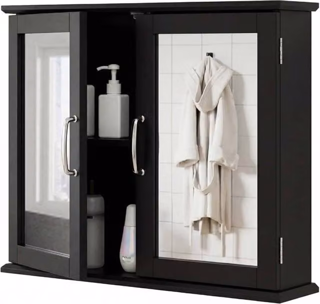 Gymax Modern Black Wall-Mounted Medicine Cabinet with Mirrored Double Hinged Doors – 1