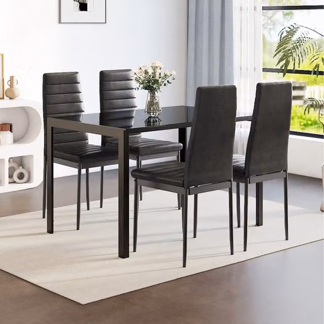 Komore Black Tempered Glass and Metal Rectangular Dining Table with 4 Chairs Set