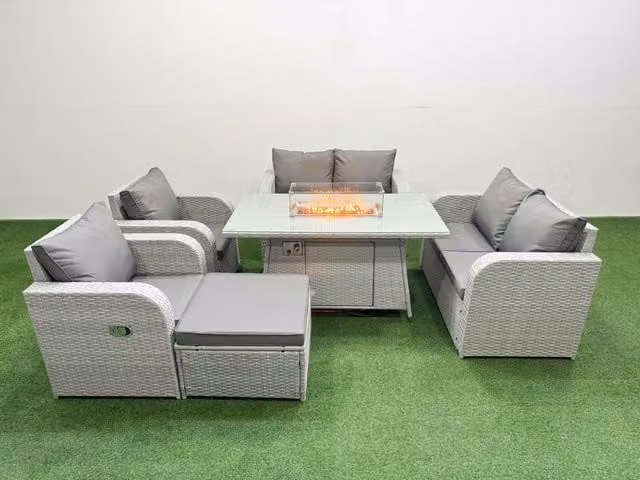 Fimous 7 Seater Rattan Garden Furniture Set with Reclining Chairs, Firepit Dining Table and Footstool in Light Grey