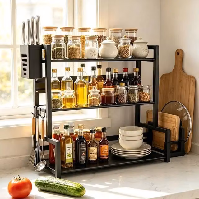 EONLION 3-Tier Black Metal Freestanding Spice Rack and Kitchen Storage Holder, Width: 100 cm