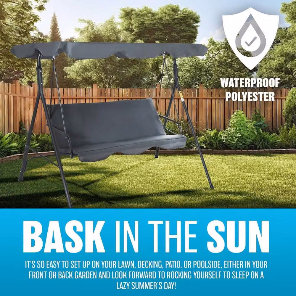 BARGAINS-GALORE 3 Seater Grey Garden Swing Chair with Sun Canopy and Cushions – 3