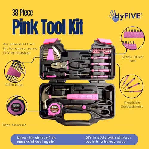 Hyfive 38-Piece Pink Hand Tool Kit with Sturdy Carry Case in Pink and Black – 4