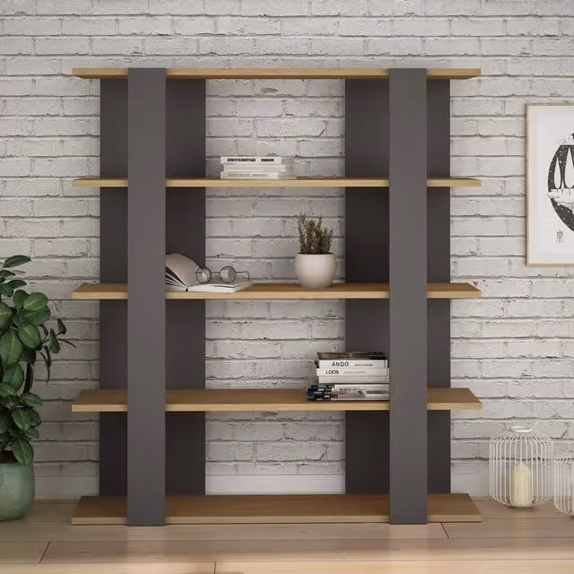 Decortie Tita Modern Bookcase Display Unit in Anthracite Grey and Oak