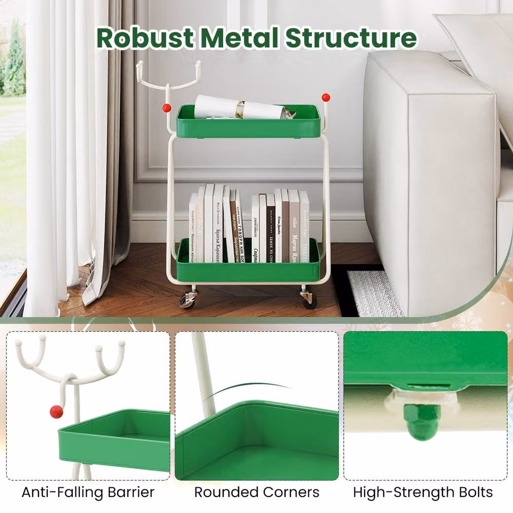 Gymax 2-Tier Reindeer Christmas Rolling Cart Side Table in Green – 6