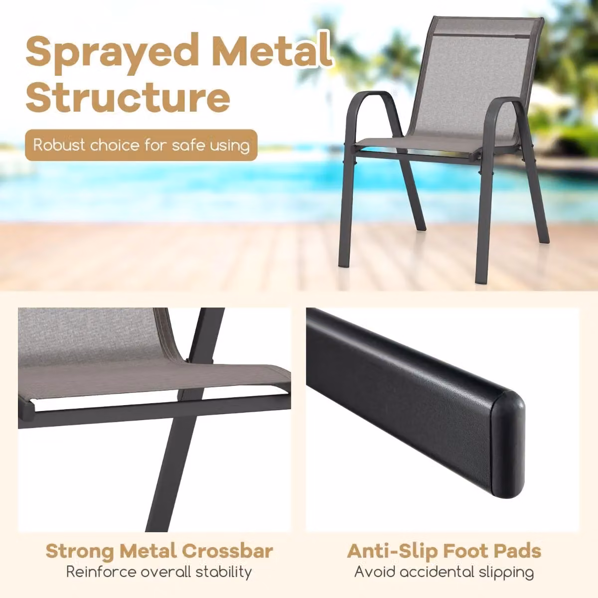 Gymax Set of 4 Stackable Metal Patio Dining Chairs with Armrests in Matt Grey – 5