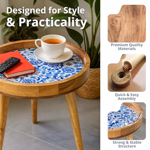 Hartsmede Mango Wood Round Side Table with Floral Enamel Resin Top in Beige, W/D/H: 36 x 36 x 47 cm – 9