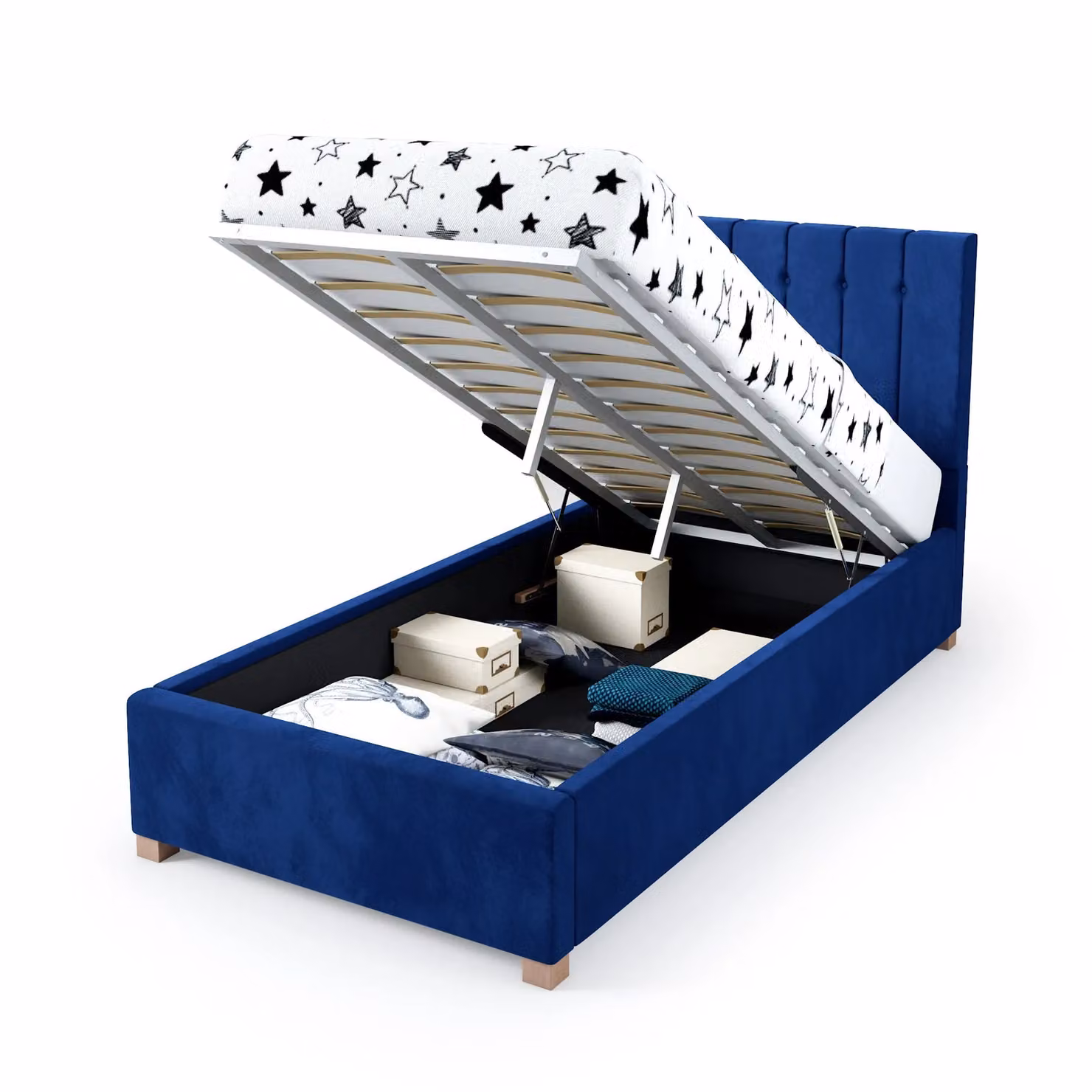 Rest Relax Olivia Blue Fabric Upholstered Single Ottoman Bed with Lift Up Base, W/D/H: 90 x 190 cm – 3