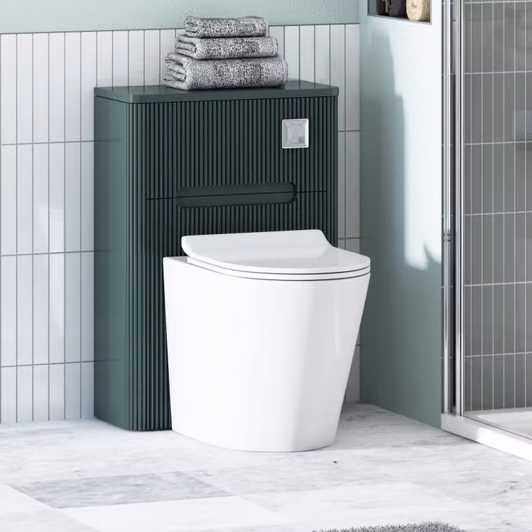 Avenza Moss Green Wall Mounted WC Unit with Cesar White Rimless Ceramic Toilet Pan, Slim Soft Close Seat and Cistern, Depth: 55 cm