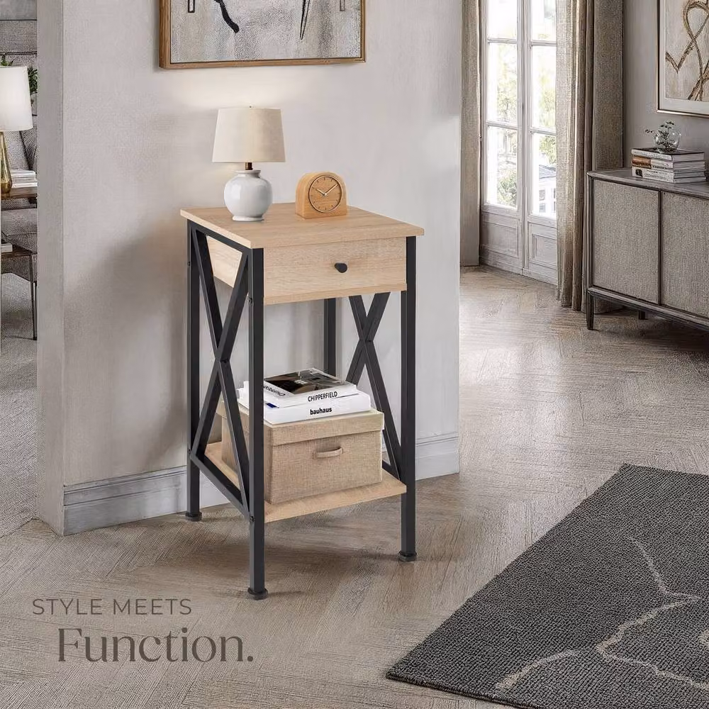 tectake Dayton Bedside Table in Light Oak and Black – 6