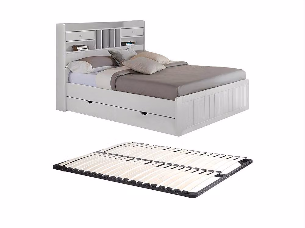 Mederick Vente-unique White Lacquered Pine Bed Frame with Storage Drawers and Bed Base, W/D/H: 140 x 190 cm – 2