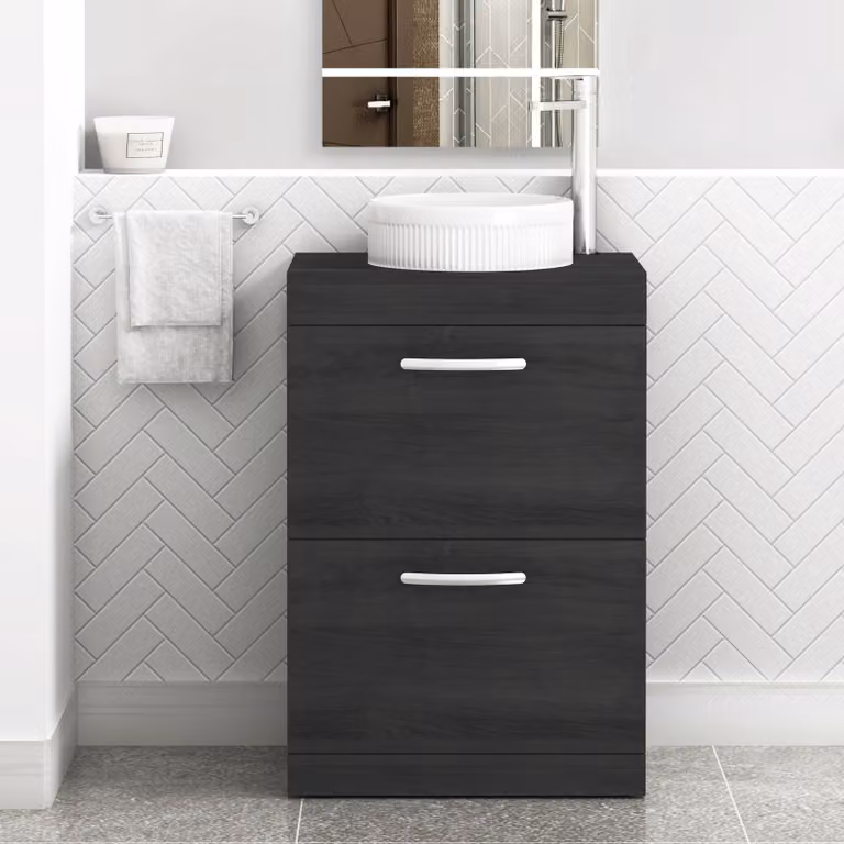 Royal Bathrooms Turin 600mm Floor Standing 2 Drawer Vanity Unit in Hale Black with Round Countertop Basin