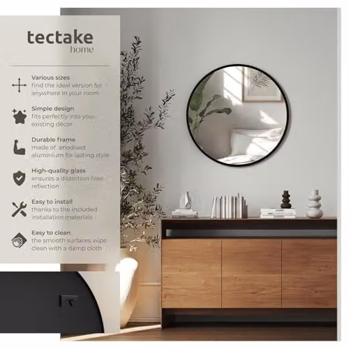 tectake Round Wall Mirror in Black with Minimalist Metal Frame, Diameter: 50 cm – 2
