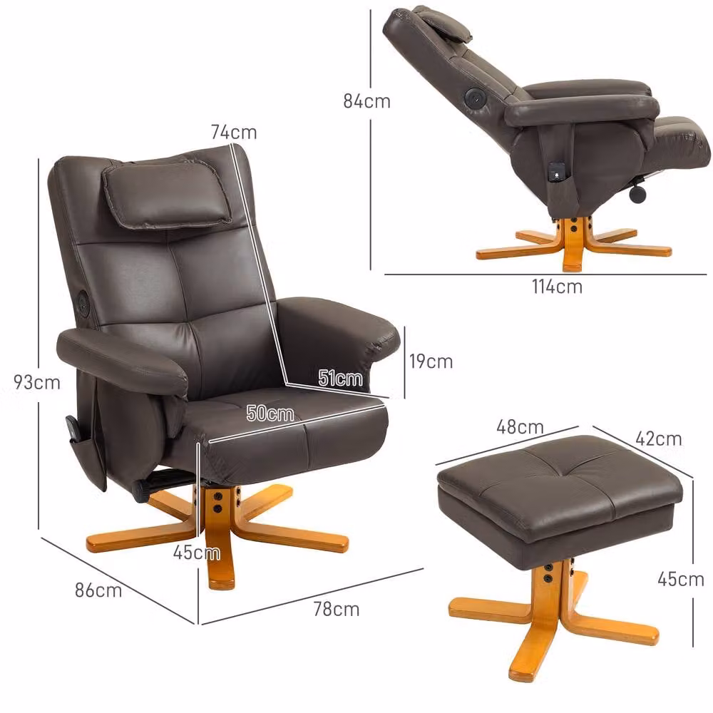 HOMCOM Massage Recliner Chair with Footstool and Hidden Storage in Dark Brown Synthetic Leather – 3