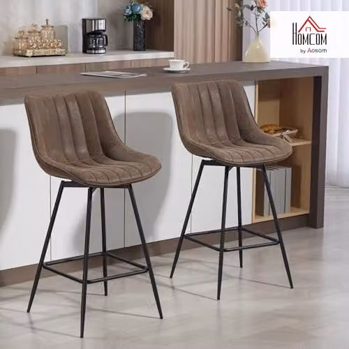 HOMCOM Set of 2 Brown Synthetic Leather Swivel Bar Stools with Backrest and Height Adjustment – 2