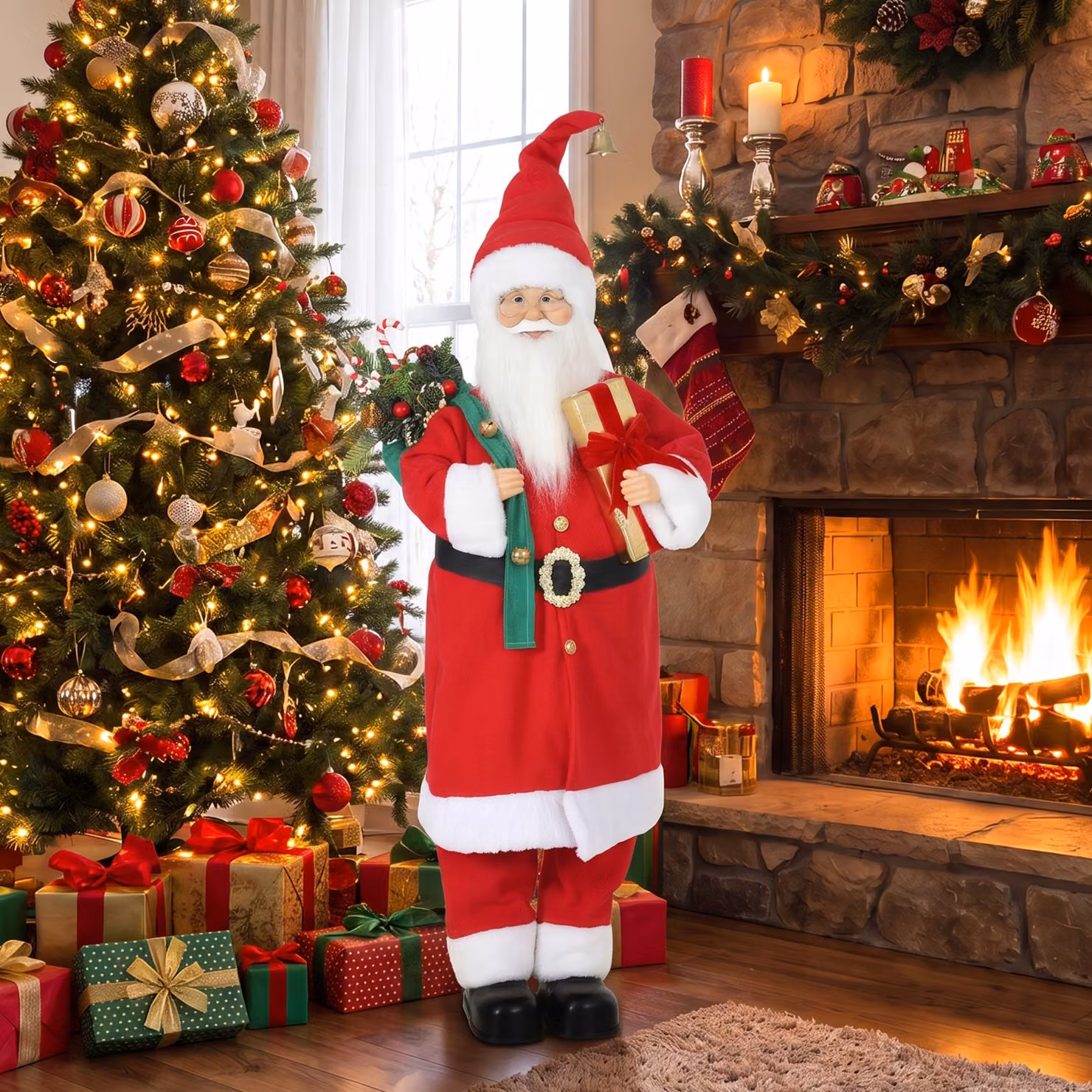 HOMCOM Singing and Dancing Animated Santa Claus Figure in Red and Gold with Gift and Sack, Sound and Touch Activated, Height: 121.92 cm – 2