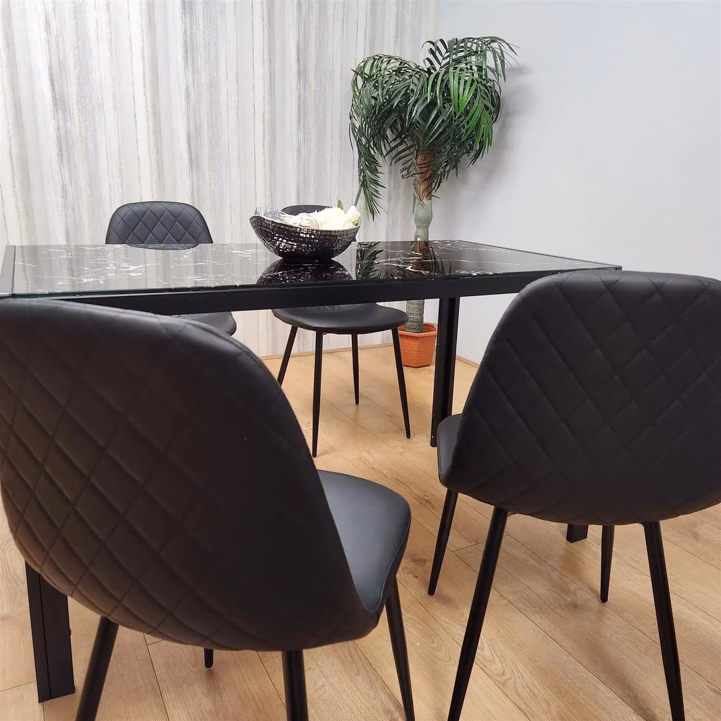 Kosy Koala Modern Rectangular Black Glass Dining Table with 4 Brown Faux Leather Chairs – 2