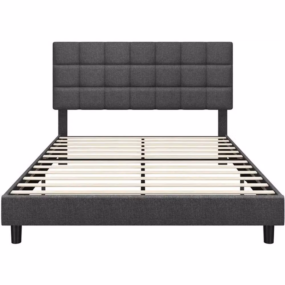 NESTLUNE Grey Upholstered Double Bed Frame W: 135 cm, L: 190 cm – 3