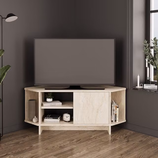 Bimossa Teo Corner TV Stand in Beige Travertine Stone and MDF