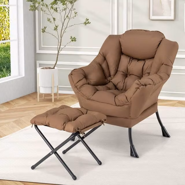 Costway Modern Leisure Reading Lounge Chair with Ottoman in Brown