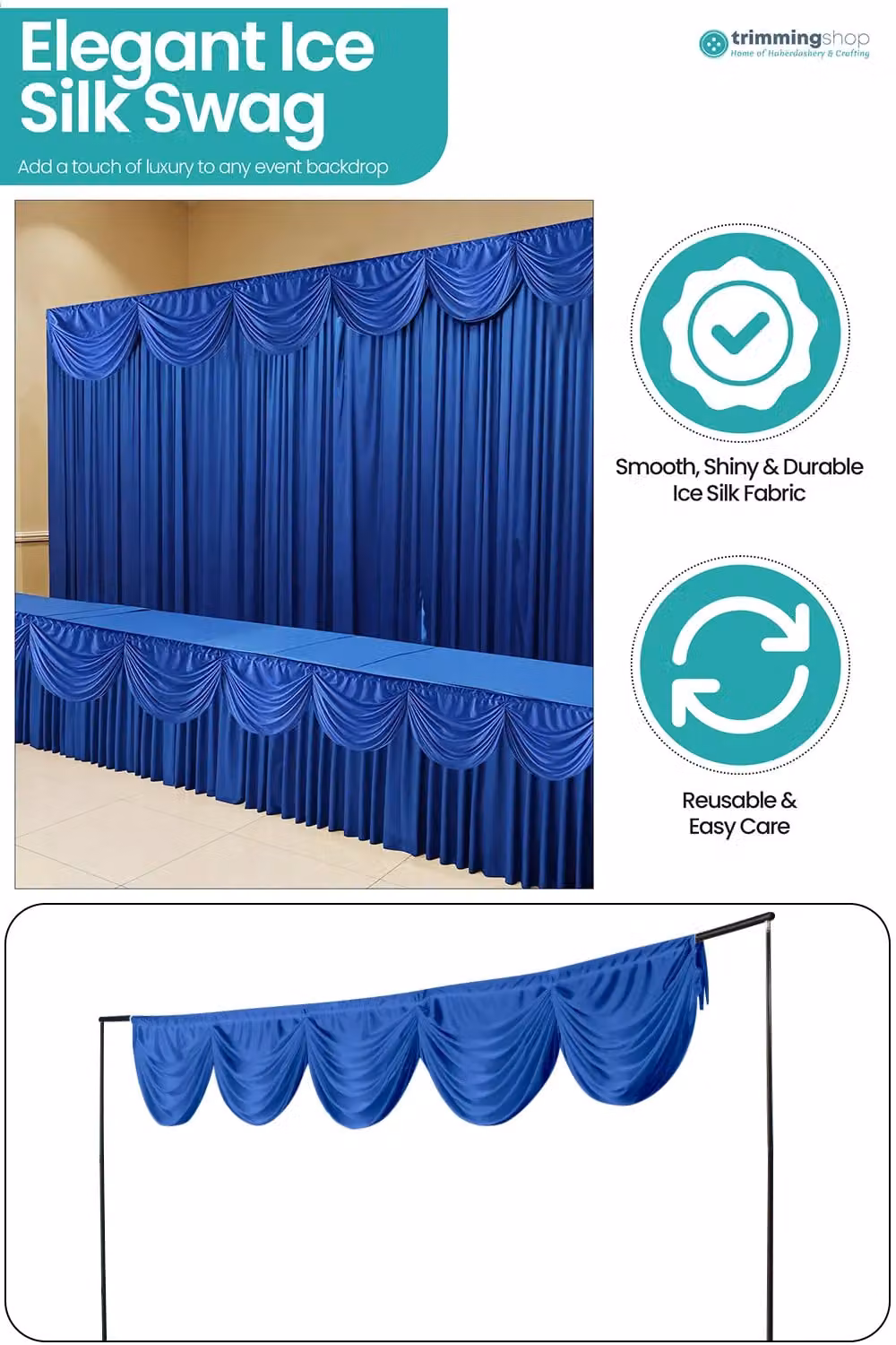 Neel Blue Ice Silk Detachable Swag Curtain Panel Backdrop, Blue – 6