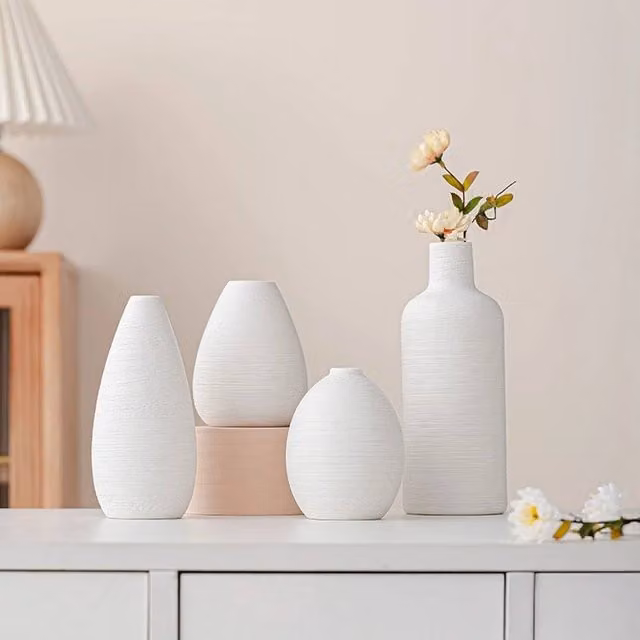 PAWNORA Set of 4 White Striped Minimalist Ceramic Flower Vases for Tabletop Display