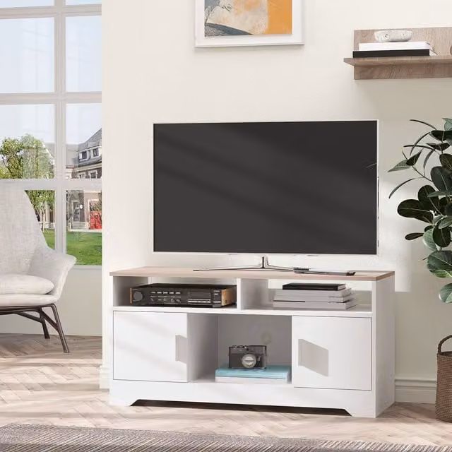 HOMCOM Modern White TV Stand with Storage Cabinets and Shelves