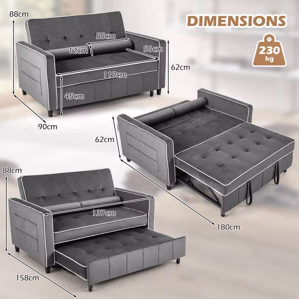 Gymax 3-in-1 Convertible Pull Out Sofa Bed in Grey Velvet Fabric with Metal Frame – 4