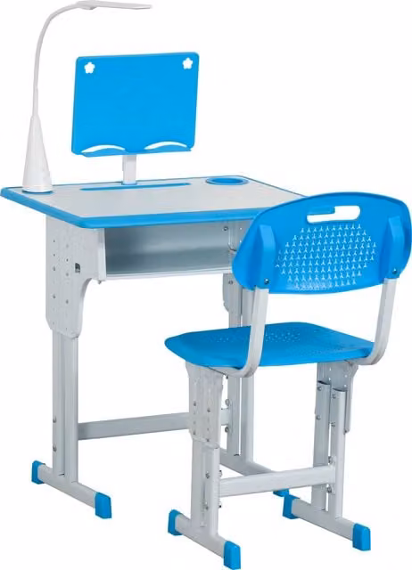 HOMCOM Kids Desk and Chair Set in Blue, Height Adjustable Study Table with Drawer, Book Stand and Pen Slot
