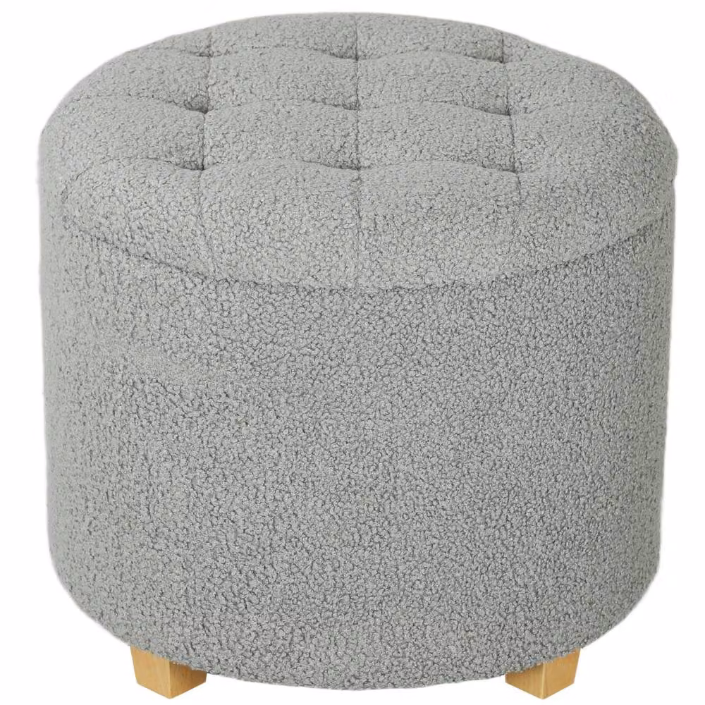 Wyld Haus Valefi Grey Bouclé Round Storage Ottoman with Button Tufted Lid, Diameter: 45 cm, Height: 41 cm – 2